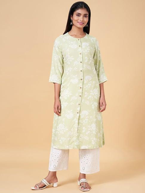 rangmanch by pantaloons green floral print straight kurta