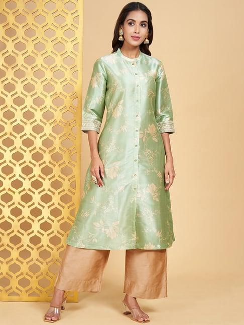 rangmanch by pantaloons green printed a line kurta