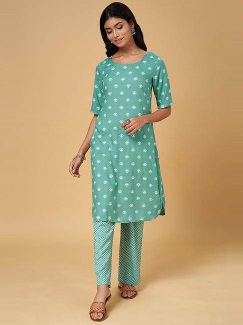 rangmanch by pantaloons green printed kurta pant set