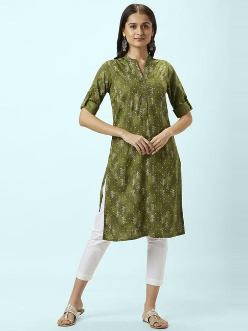 rangmanch by pantaloons green printed straight kurta