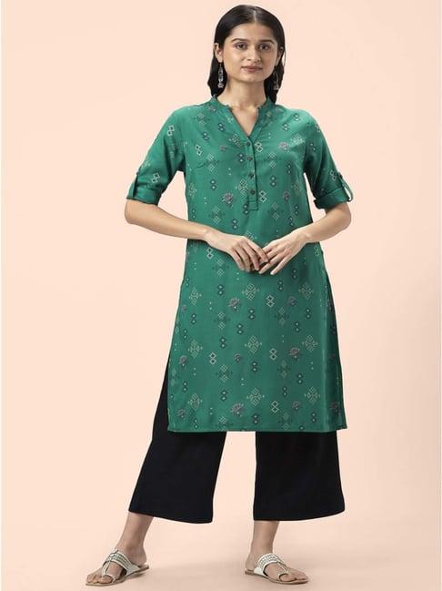 rangmanch by pantaloons green printed straight kurta