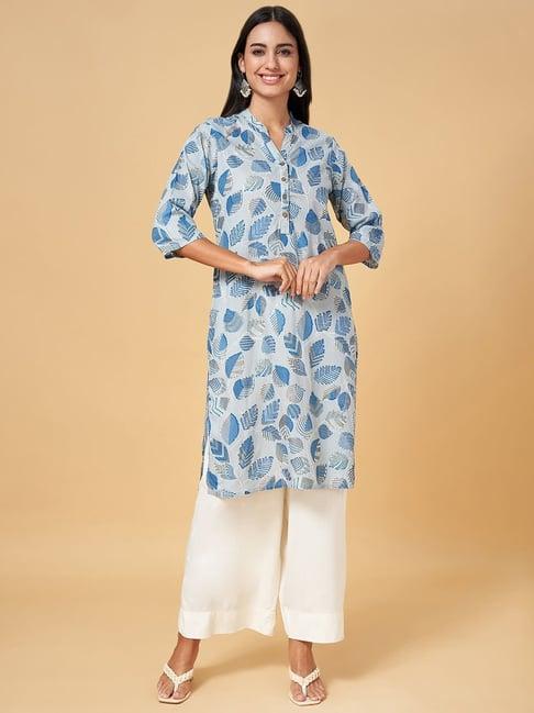 rangmanch by pantaloons grey & blue printed straight kurta