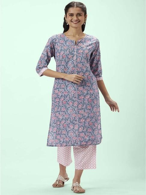 rangmanch by pantaloons grey & white cotton floral print kurta palazzo set