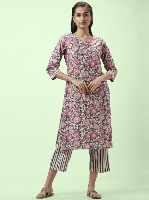 rangmanch by pantaloons grey & white cotton floral print kurta pant set