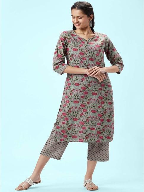 rangmanch by pantaloons grey cotton floral print kurta palazzo set