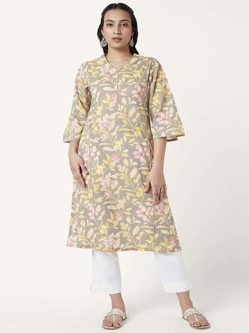 rangmanch by pantaloons grey cotton printed a line kurta