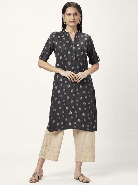 rangmanch by pantaloons grey printed straight kurta