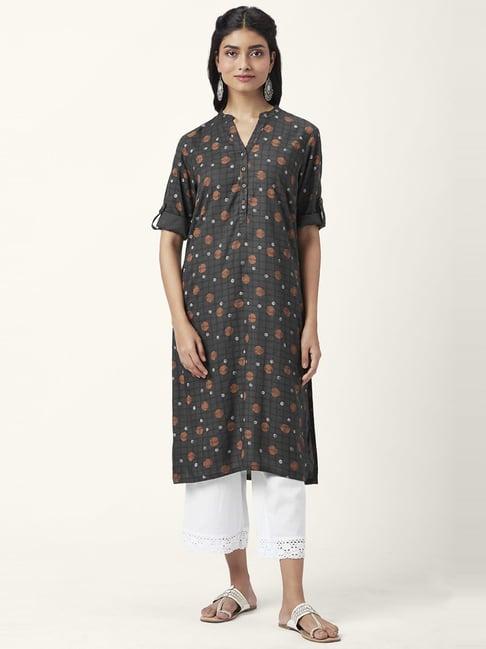 rangmanch by pantaloons grey printed straight kurta