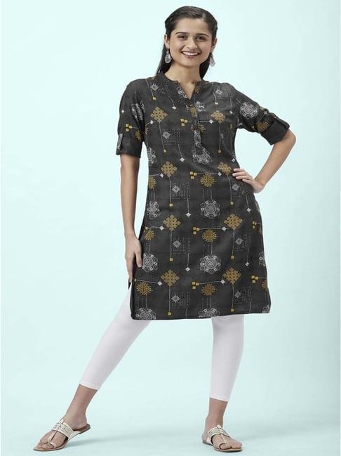 rangmanch by pantaloons grey printed straight kurta