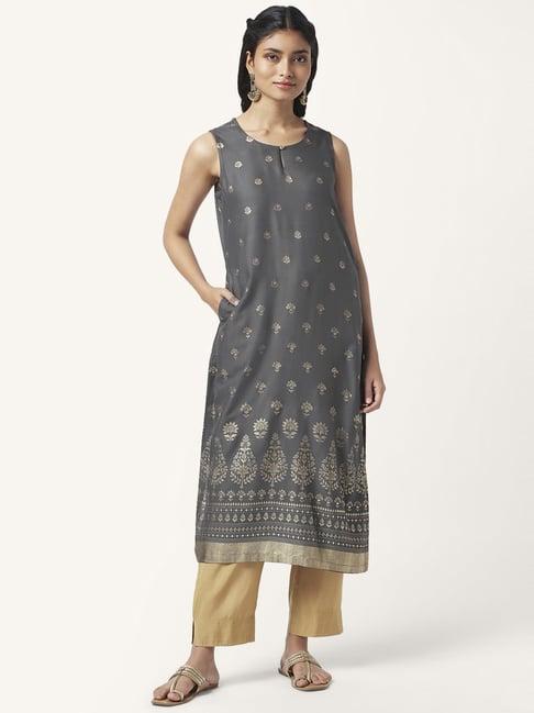 rangmanch by pantaloons grey printed straight kurta