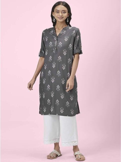 rangmanch by pantaloons grey printed straight kurta