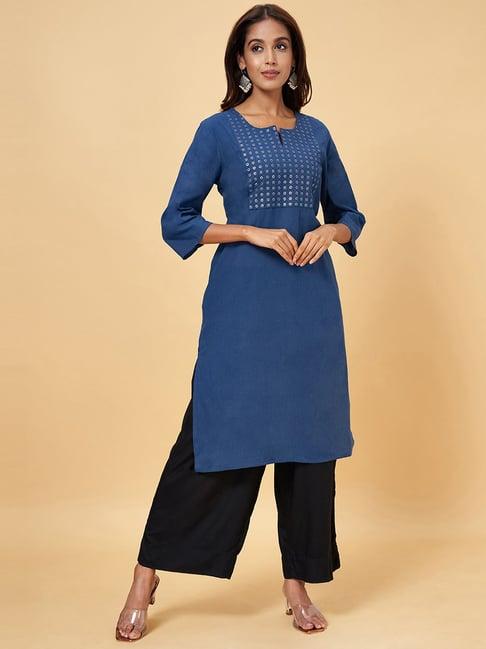 rangmanch by pantaloons indigo blue cotton embellished straight kurta