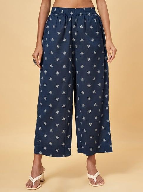 rangmanch by pantaloons indigo blue cotton printed palazzos