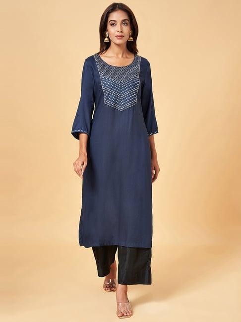 rangmanch by pantaloons indigo blue embroidered straight kurta