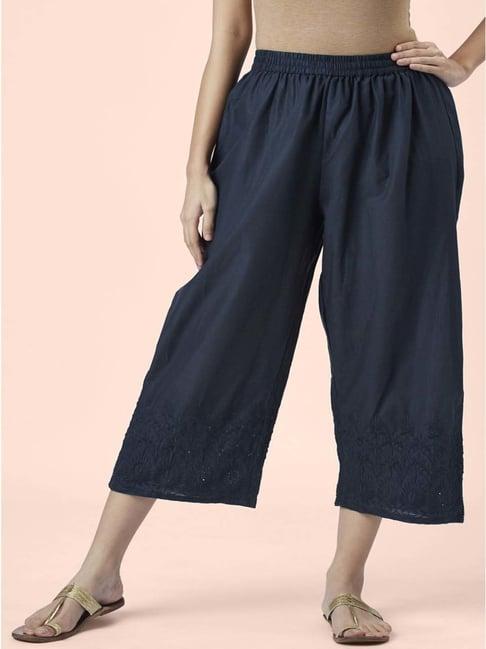 rangmanch by pantaloons indigo cotton embroidered crop pants