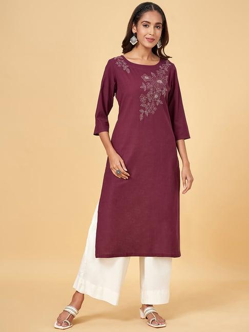 rangmanch by pantaloons maroon cotton embroidered straight kurta