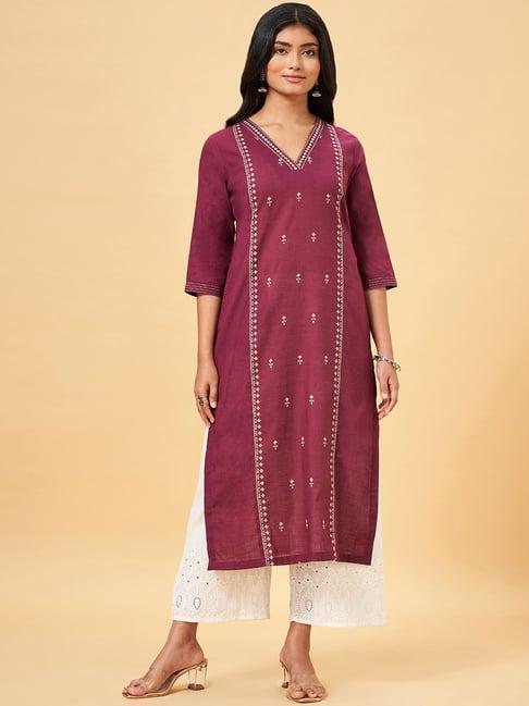 rangmanch by pantaloons maroon cotton embroidered straight kurta