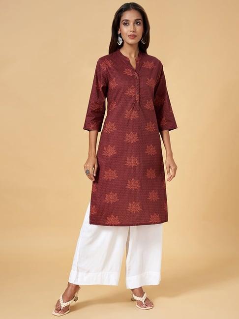 rangmanch by pantaloons maroon cotton floral print straight kurta