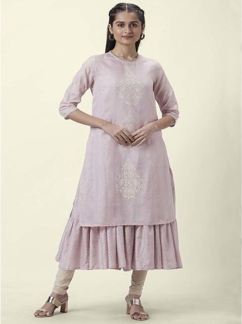 rangmanch by pantaloons mauve cotton printed double layred a line kurta