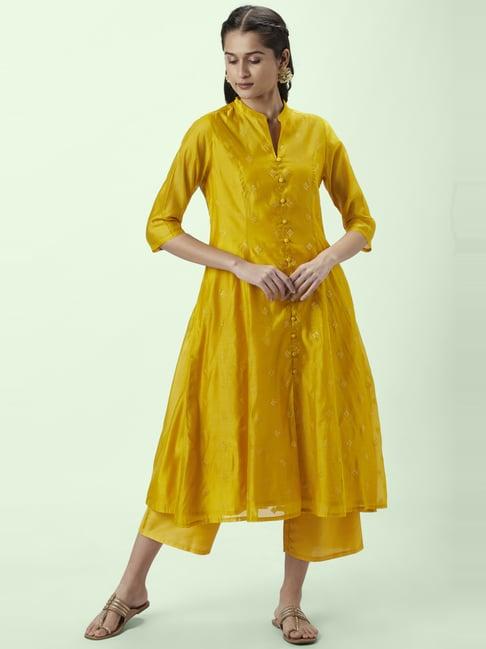 rangmanch by pantaloons mustard embroidered kurta pant set