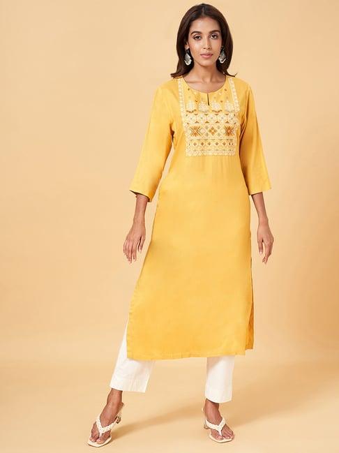 rangmanch by pantaloons mustard embroidered straight kurta