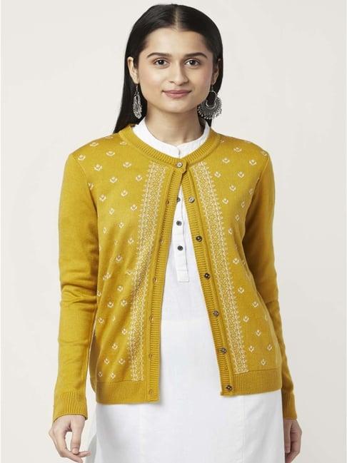 rangmanch by pantaloons mustard jacquard pattern cardigan