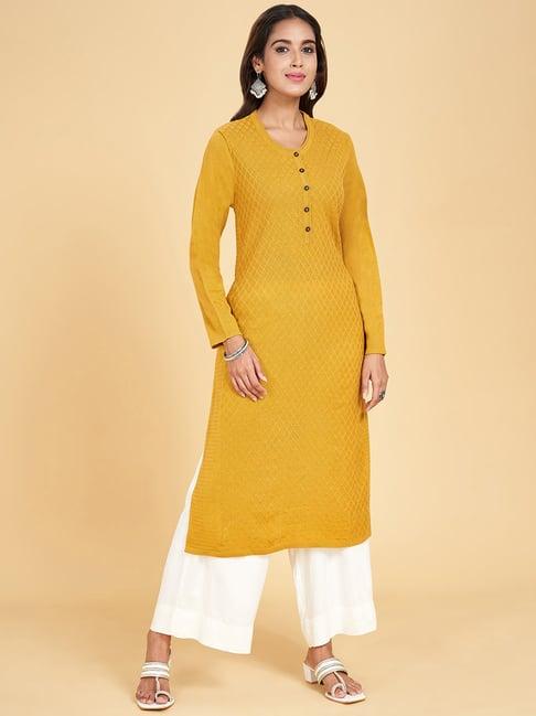 rangmanch by pantaloons mustard woven pattern straight kurta