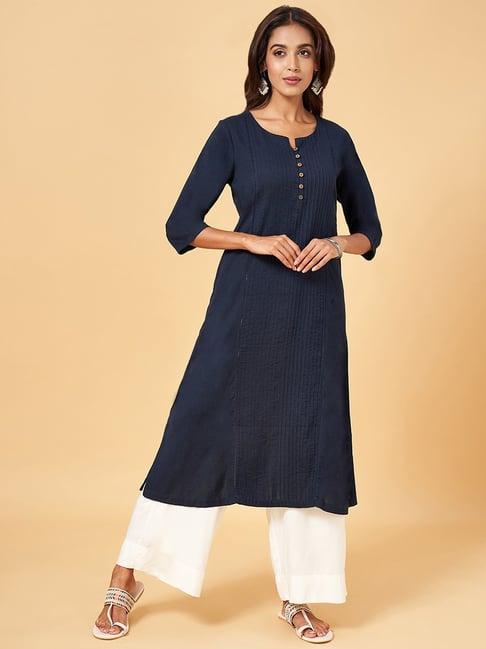 rangmanch by pantaloons navy cotton straight kurta