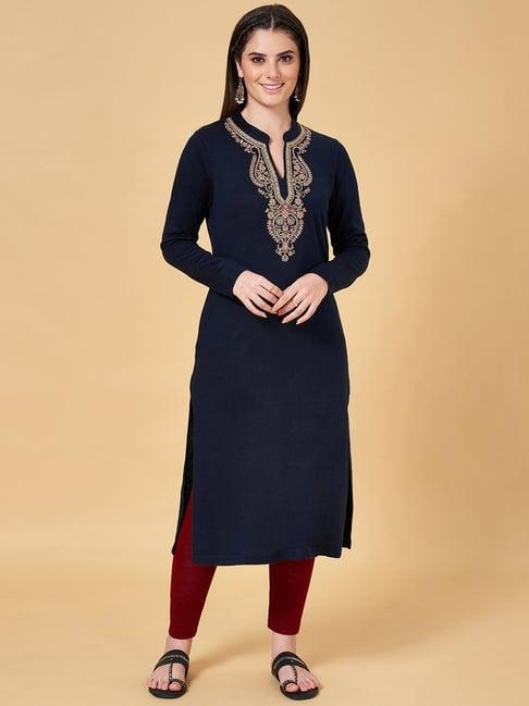 rangmanch by pantaloons navy embroidered straight kurta