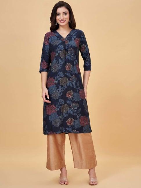 rangmanch by pantaloons navy floral print straight kurta