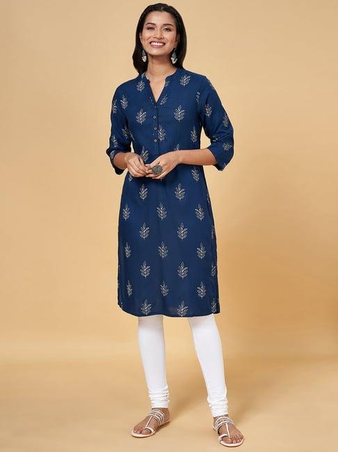 rangmanch by pantaloons navy printed straight kurta