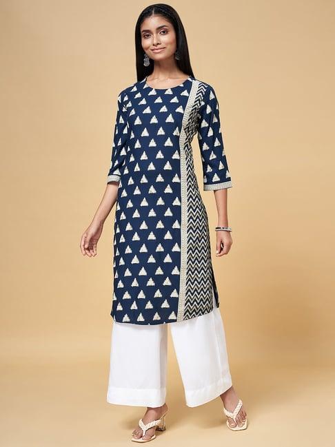 rangmanch by pantaloons navy printed straight kurta