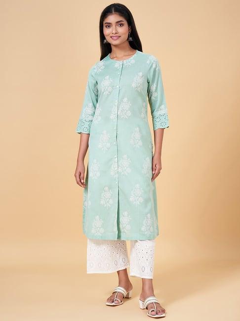 rangmanch by pantaloons ocean green cotton floral print straight kurta