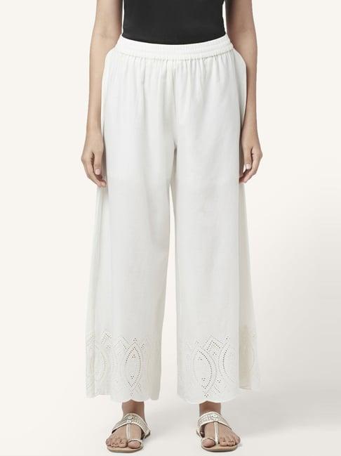 rangmanch by pantaloons off-white cotton embroidered palazzos