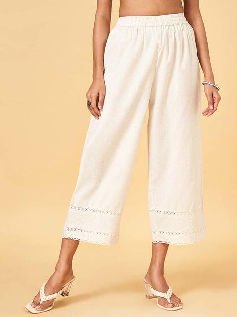 rangmanch by pantaloons off-white cotton embroidered palazzos