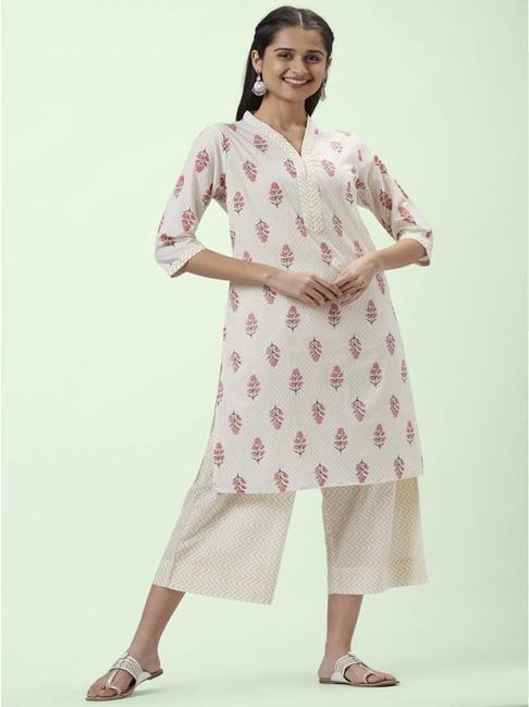 rangmanch by pantaloons off-white cotton floral print kurta palazzo set with dupatta