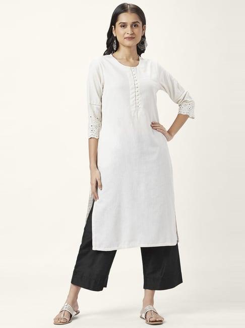 rangmanch by pantaloons off-white cotton straight kurta