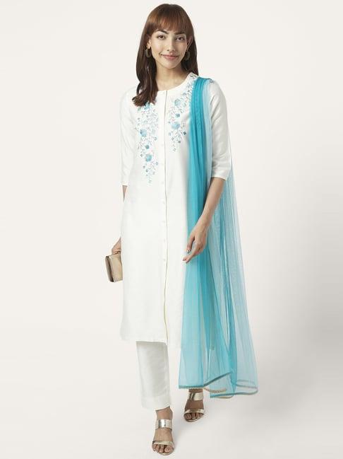 rangmanch by pantaloons off-white embroidered kurta pant set with dupatta