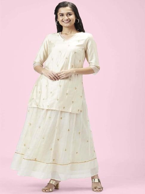 rangmanch by pantaloons off-white embroidered kurti palazzo set with dupatta