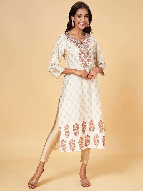 rangmanch by pantaloons off-white embroidered straight kurta