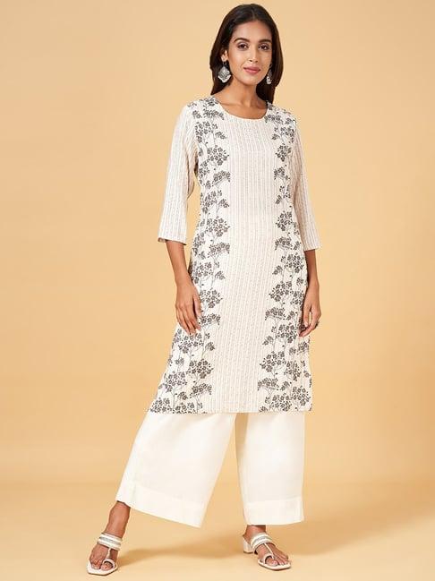 rangmanch by pantaloons off-white floral print straight kurta