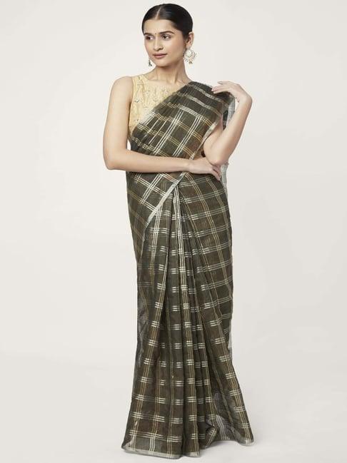 rangmanch by pantaloons olive green chequered saree with unstitched blouse