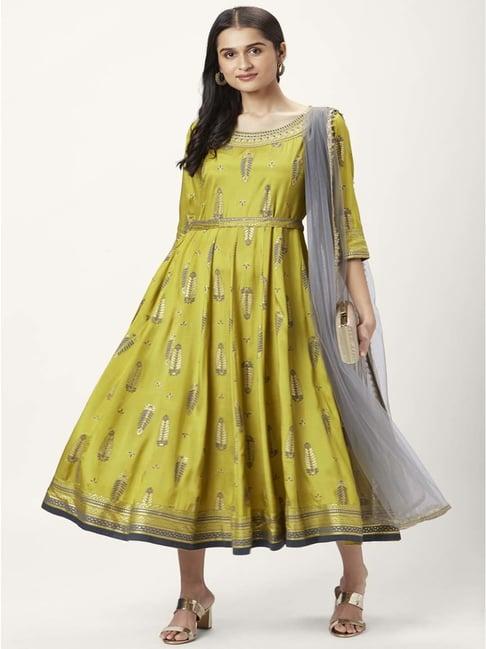 rangmanch by pantaloons olive green printed a-line dress with dupatta
