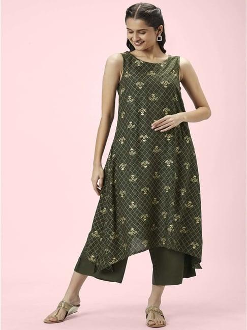 rangmanch by pantaloons olive green printed kurta palazzo set