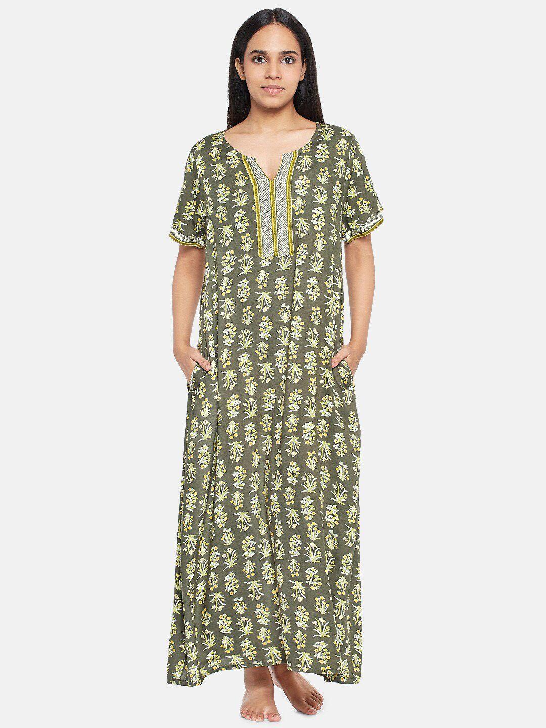 rangmanch by pantaloons olive green printed maxi nightdress