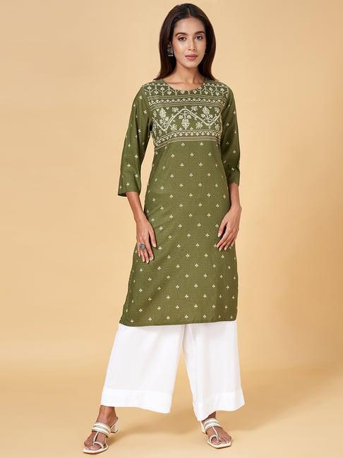 rangmanch by pantaloons olive green printed straight kurta