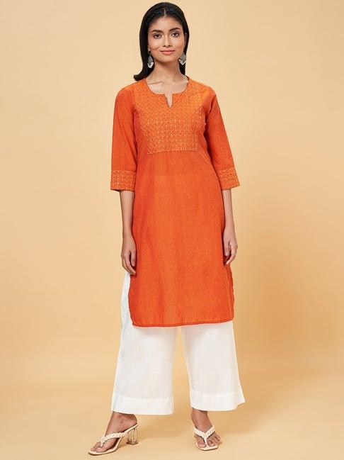 rangmanch by pantaloons orange cotton embroidered straight kurta