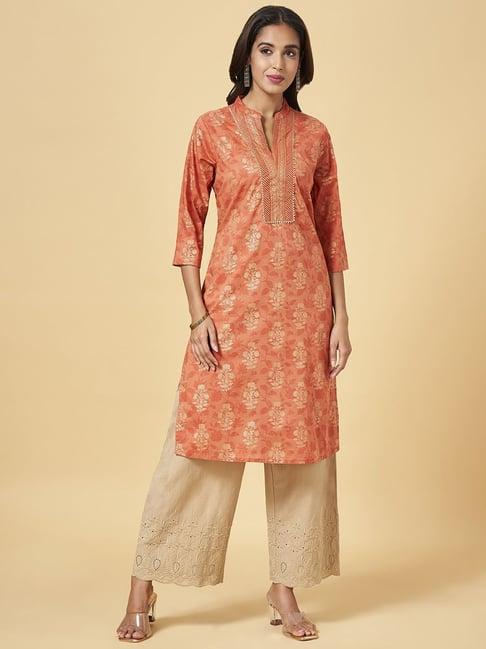 rangmanch by pantaloons orange cotton floral print straight kurta