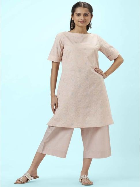 rangmanch by pantaloons pastel pink cotton printed kurta palazzo set