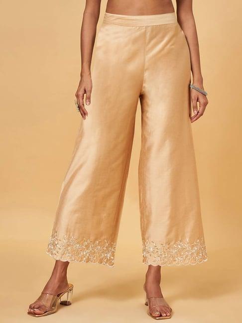 rangmanch by pantaloons peach cotton embroidered flared pants